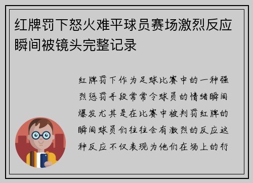 红牌罚下怒火难平球员赛场激烈反应瞬间被镜头完整记录 红牌罚下怒火难平球员赛场激烈反应瞬间被镜头完整记录
