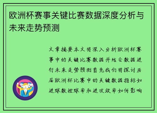 欧洲杯赛事关键比赛数据深度分析与未来走势预测 欧洲杯赛事关键比赛数据深度分析与未来走势预测