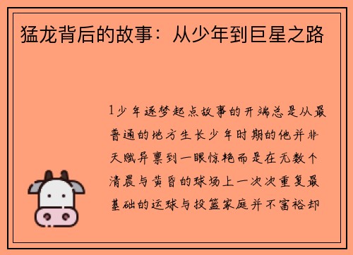 猛龙背后的故事：从少年到巨星之路